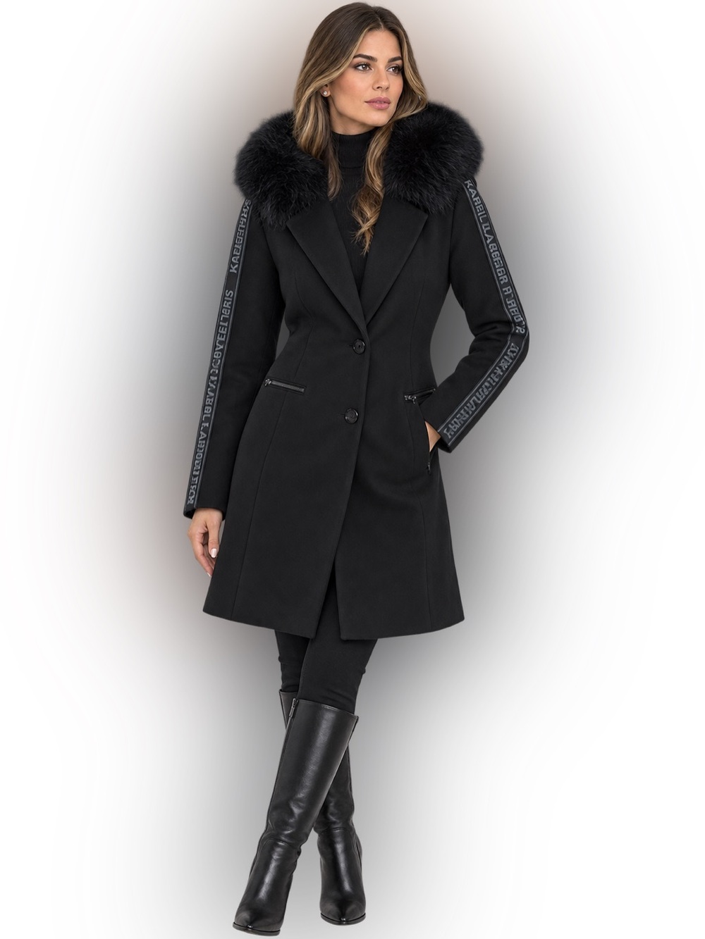 Karl Lagerfeld Black Wool-Blend Coat with Faux Fur Collar